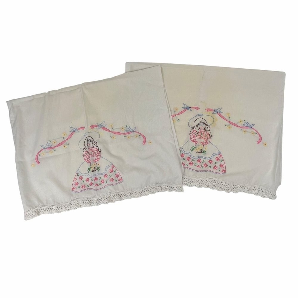 Vintage Hand-Embroidered Pillowcases Crochet Edge Set of 2 Girl with Basket of F